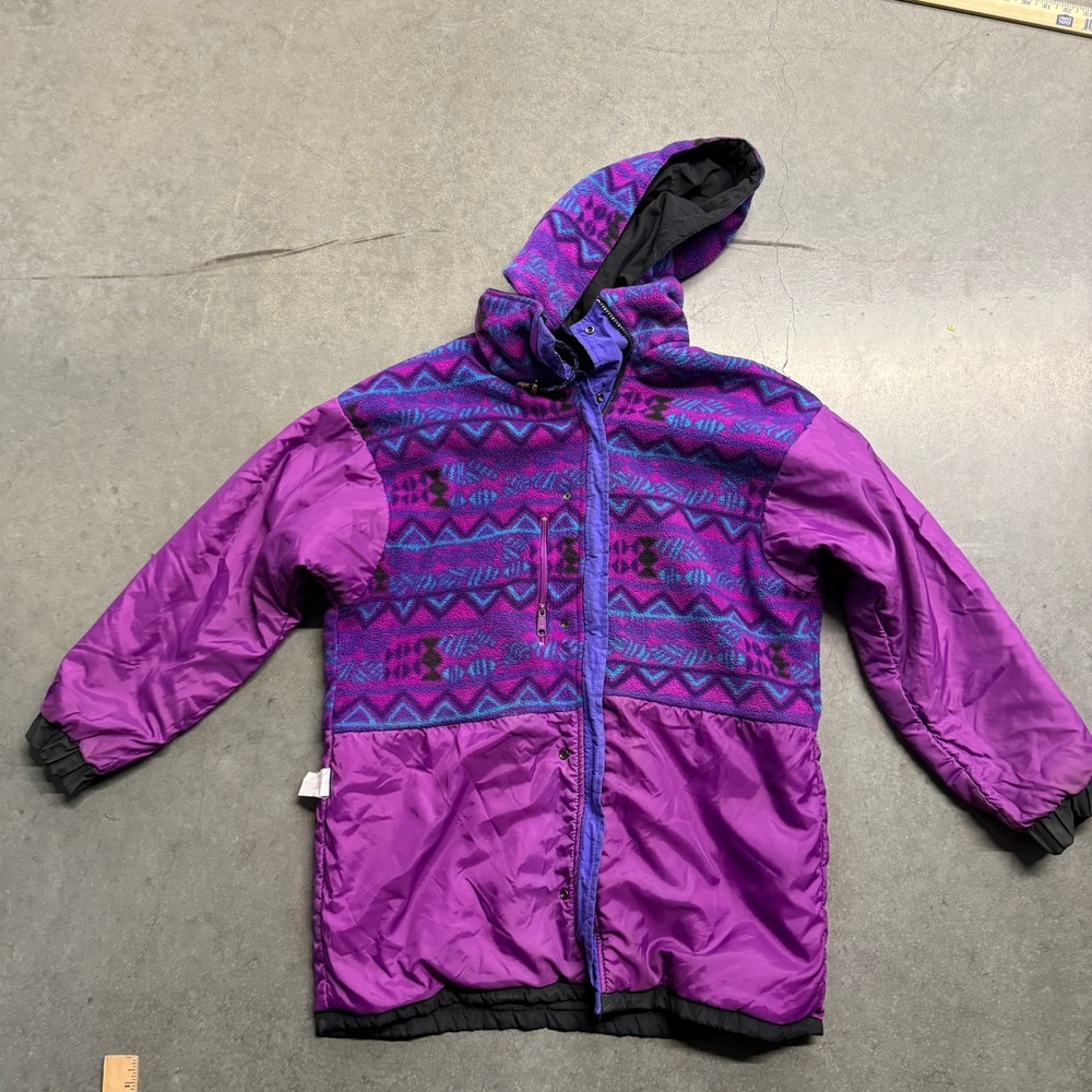 Vintage Columbia Sportswear Hooded Fleece Jacket Purple Aztec Geometric XL